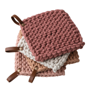 cotton crocheted pot holder w/ leather loop, 4 colors