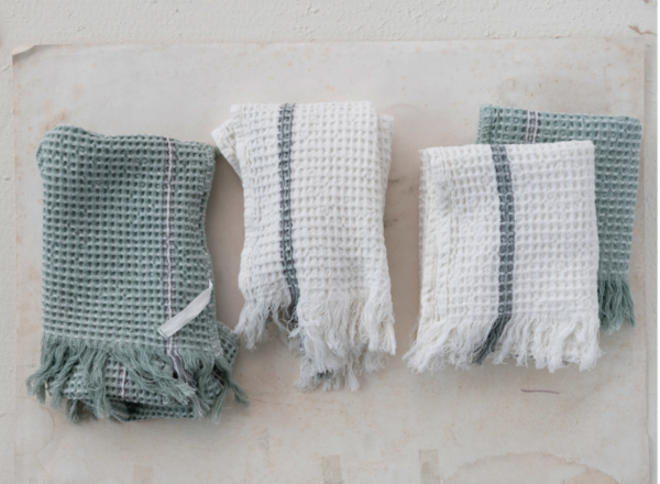 cotton waffle weave tea towels w/ fringe, 2 colors