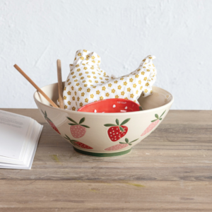 hand painted stoneware bowl w/ wax relief strawberries