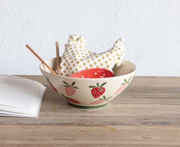 hand painted stoneware bowl w/ wax relief strawberries